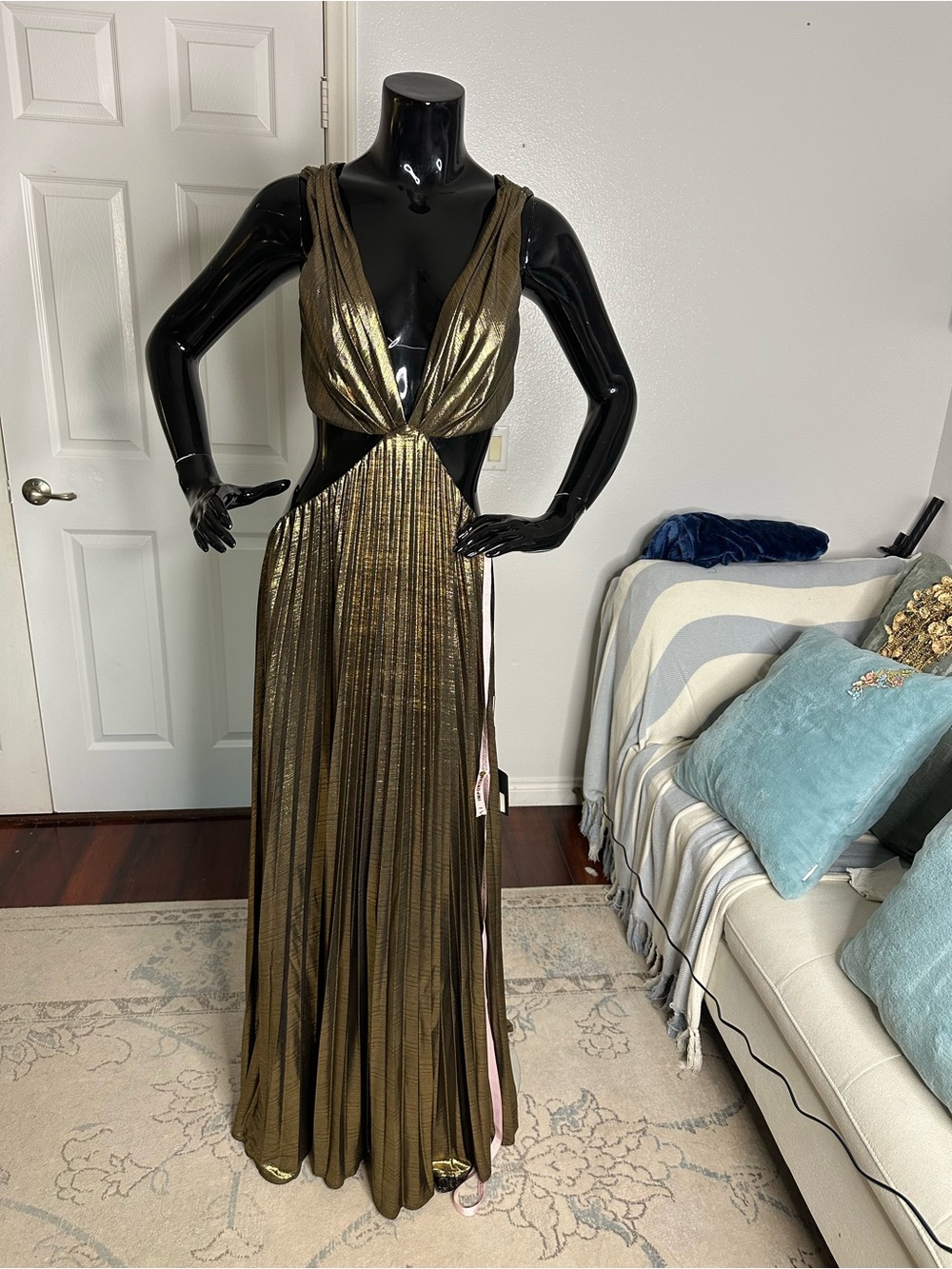 Mac Duggal Metallic Gold Backless Plunge Cutout Maxi Gown